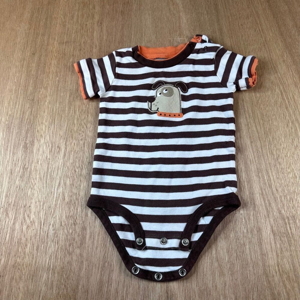 Carter’s Baby Boys 9 Months Brown Stripe Dog Appliqué Short Sleeve Bodysuit